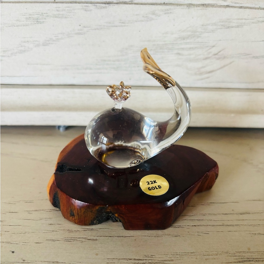 Glass Whale 22kt Gold Trim Wood Base Figurine Sculpture